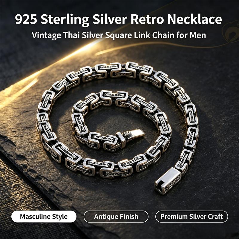 925 Sterling Silver Chain Necklace Men - OUYADI 925スターリングシルバー レトロタイシルバーネックレス スクエアリンク ヴィンテージチェーン メンズ用