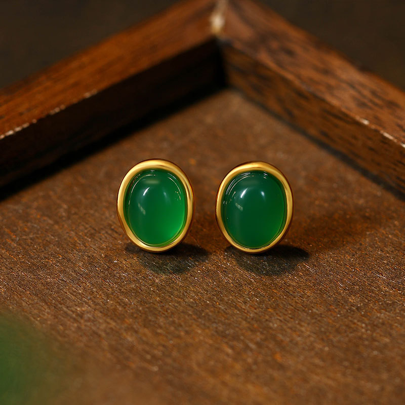 Earrings - グリーン天然翡翠イヤリングお守り女性への高級ギフト彫刻された宝石石チャームお守りイヤースタッド幸運