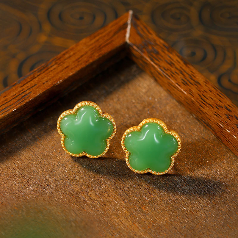 Earrings - グリーン天然翡翠クローバーイヤリング女性へのギフトお守りヴィンテージイヤースタッド幸運の石チャームお守り高級