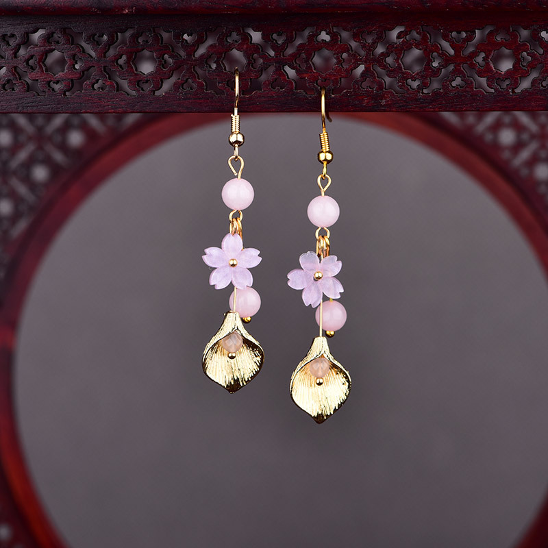 Earrings - ピンク天然翡翠の花のイヤリングヴィンテージギフト女性のためのお守り本物のジュエリーチャーム高級幸運の彫刻された宝石