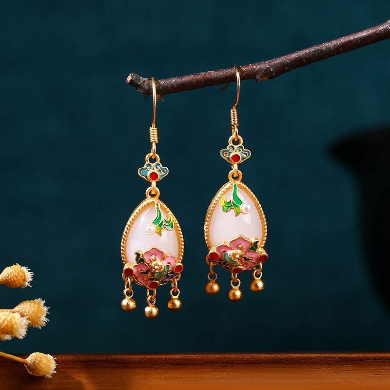Earrings - 天然翡翠フラワーイヤリングチャームアミュレットデザイナーリアルジュエリーヴィンテージアクセサリー18Kゴールドメッキ女性へのギフト