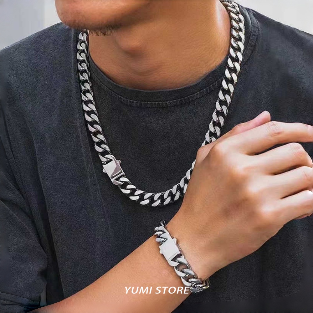 Cuban Link Chain 12Mm - チタン鋼製ヒップホップスプリングバックルキューバンネックレス メンズ レディース 色褪せないチャンキー鎖骨チェーン パンク グランジ