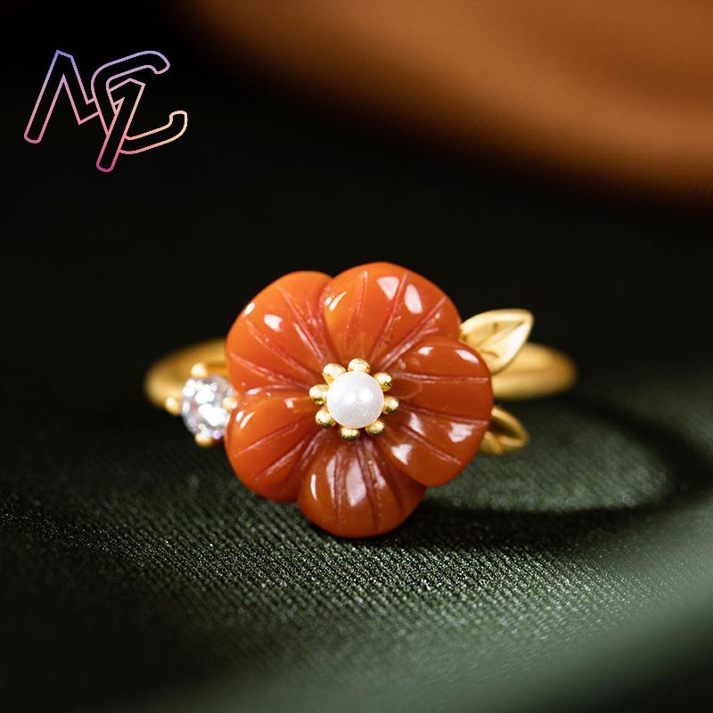 赤天然翡翠の花の指輪高級石調節可能なリングファッションアクセ - Rings のレビューと価格
