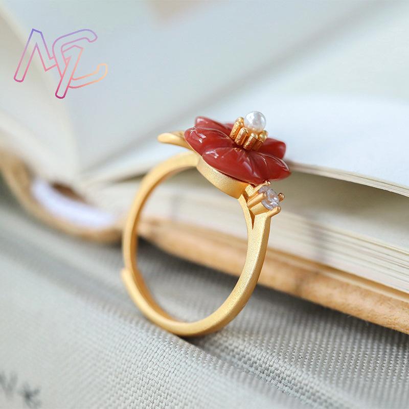赤天然翡翠の花の指輪高級石調節可能なリングファッションアクセ - Rings のレビューと価格