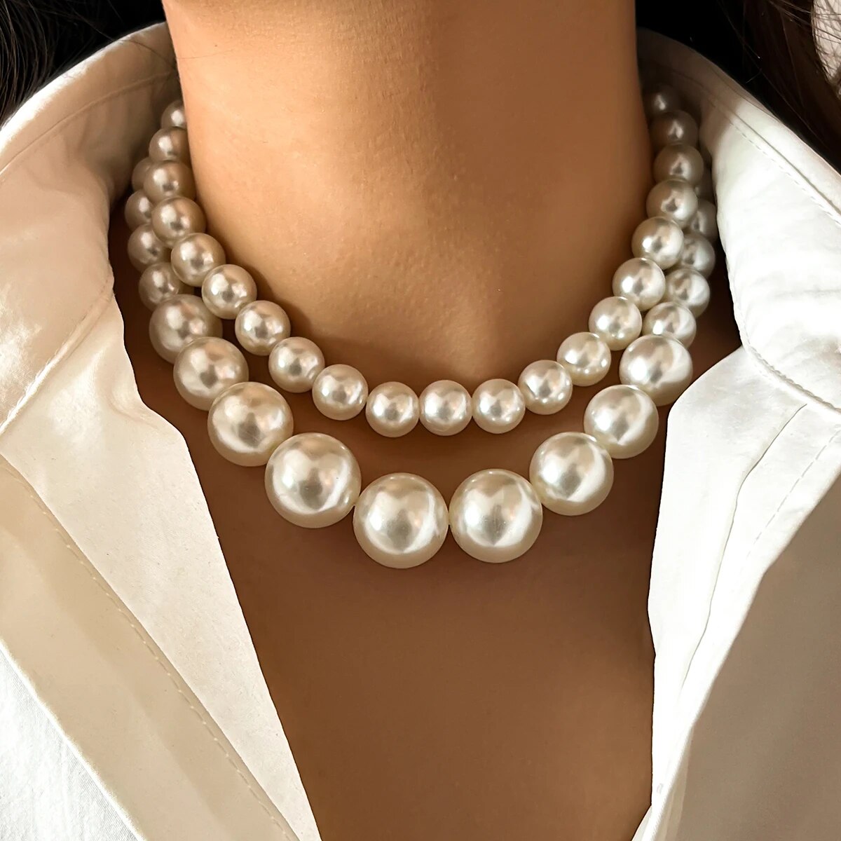 2 ピース/セット誇張されたビッグ模造パール鎖骨チェーンネッ - Pearl Choker Necklace Vintage のレビューと価格
