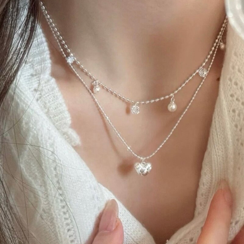 二重層シルバービーズチョーカー小さな織りハートペンダントネッ - Layered Pendant Necklace Aesthetic のレビューと価格