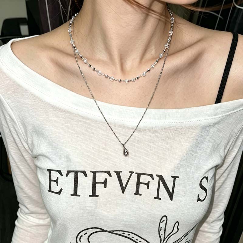 新しいファッション水滴ペンダント二層透明クリスタルチョーカー - Layered Pendant Necklace Aesthetic のレビューと価格